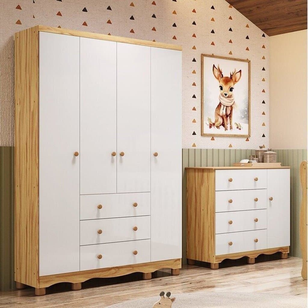 Quarto Infantil com Guarda-roupa 4 Portas e Cômoda 1 Porta 100% Mdf Mimo Espresso Móveis Branco Brilho/Amêndoa