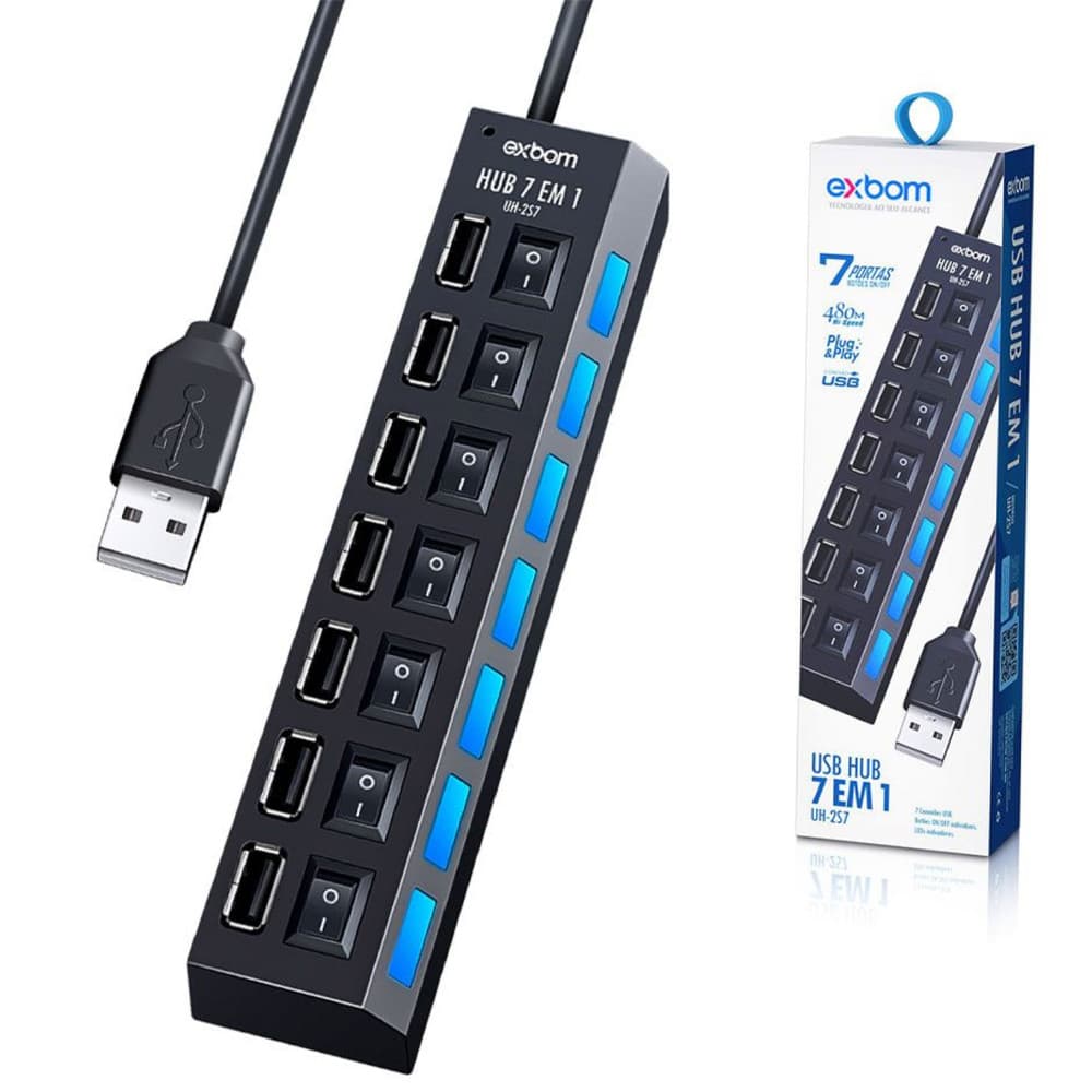 Hub 7 Portas Usb 2.0 Com Switch e Led Indicador Exbom - UH-2S7
