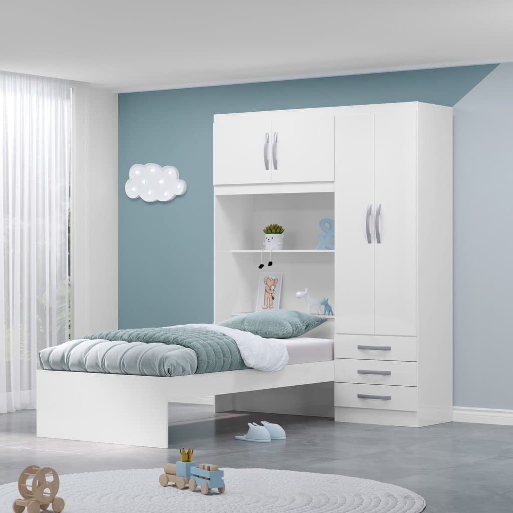Guarda Roupa Infantil com Cama 4 Portas 3 Gavetas Lisboa Espresso Móveis Pink/Branco