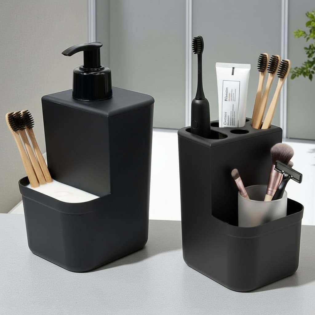 Kit Banheiro com Dispenser Sabonete Líquido + Porta Escova de Dente Prático e Moderno