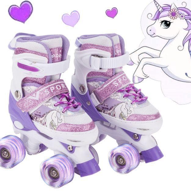 Patins Infantil 4 Rodas Unicórnio rosa roxo Led + Proteção Ajustável Menina Patins Quad Promoção
