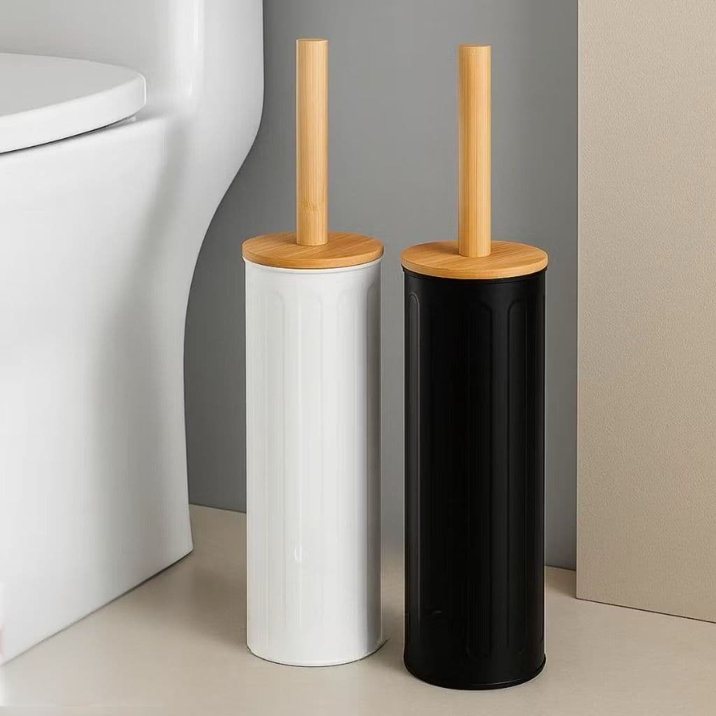 Escova Sanitária Luxo Moderna Com Suporte • Metal & Bambu Elegância E Higiene No Banheiro