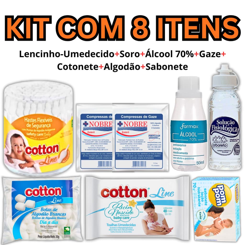 Kit Higiene Toalha Umedecida Recém-Nascido Bebê Kit C/ 8 Itens Cotonete+Soro+Gaze+Algodão+Lencinho