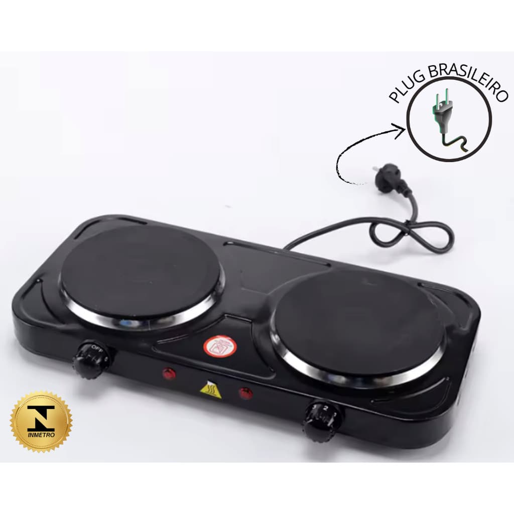 Fogão Fogareiro Elétrico Portátil Camping 220V Mesa Inox 2 Boca 2000W Potência Cooktop De Mesa PRETO