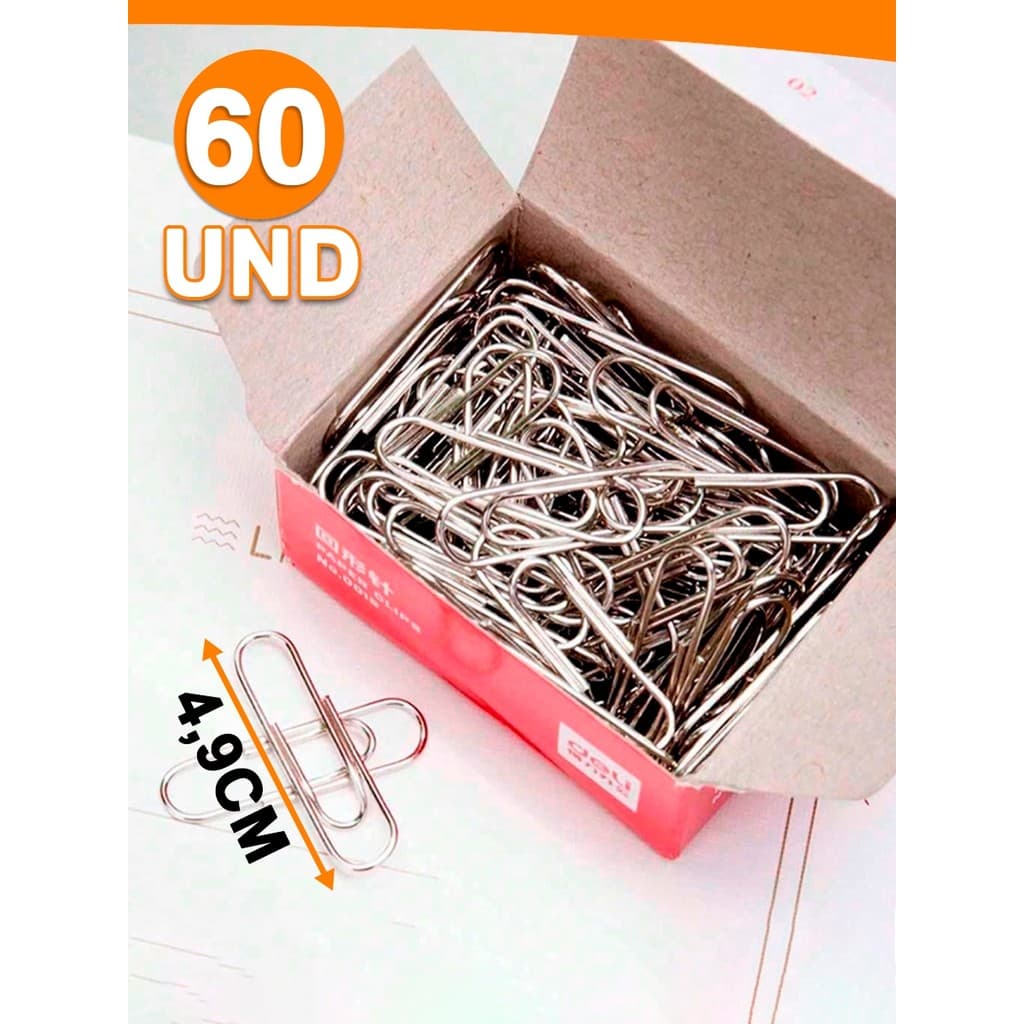 Kit 60 Clips De Metal Grampo Para Papel 49mm Escritório Papelaria Escola