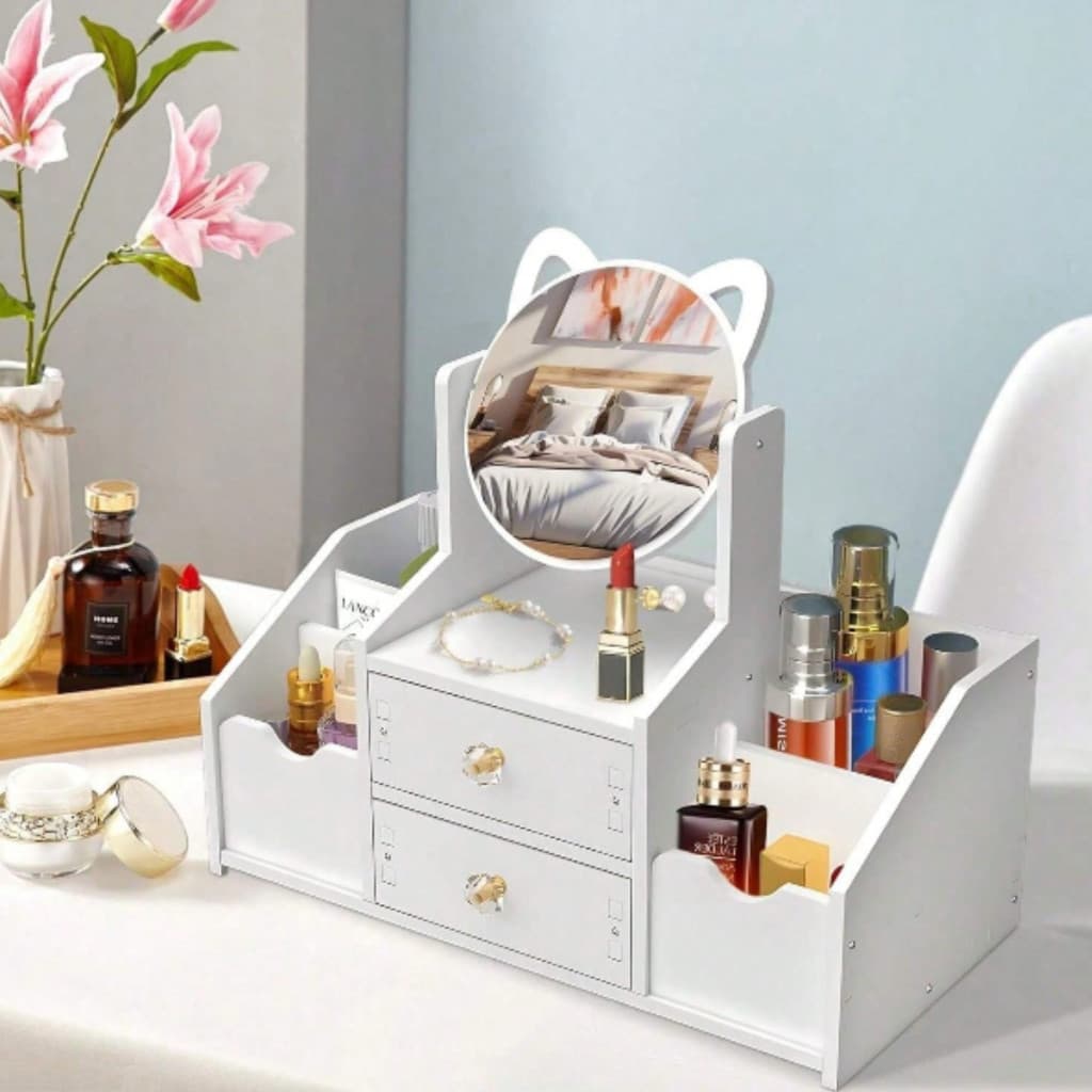 Porta Maquiagem Organizador de Cosméticos com Espelho e 2 Gavetas Estilo Clean e Funcional