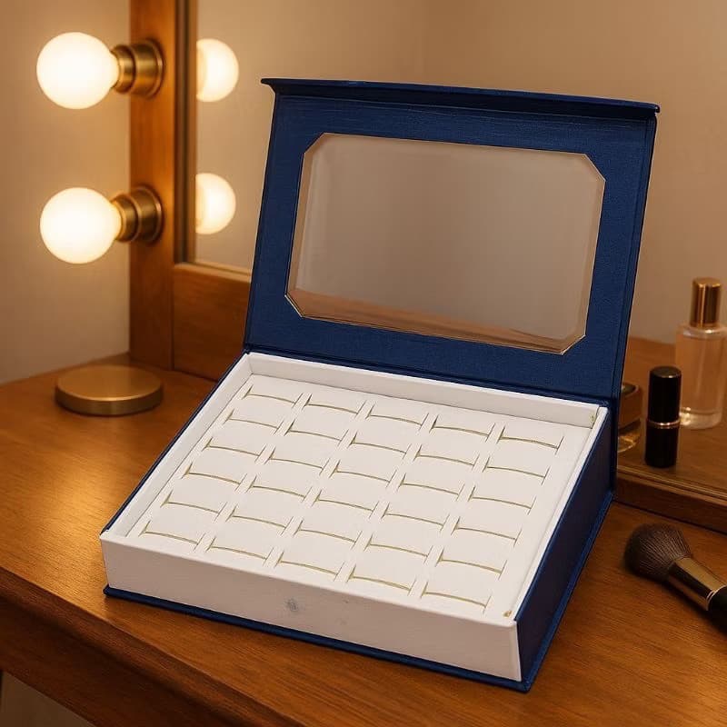Expositor de Anéis Caixa Azul com 36 Divisórias com Visor Transparente