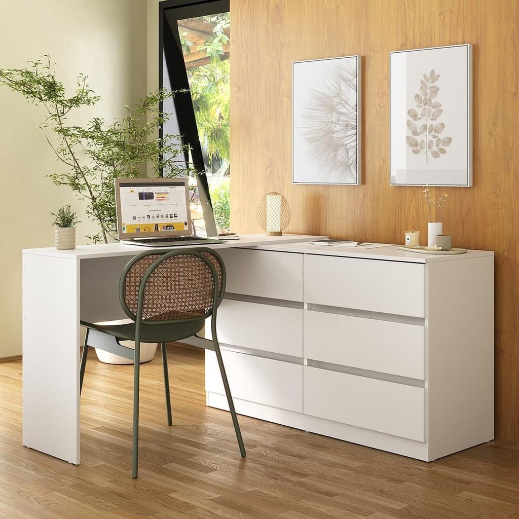 Escrivaninha em L 120cm com 6 Gavetas Flex Multimóveis MP6030 – Escritório/Home Office Moderno