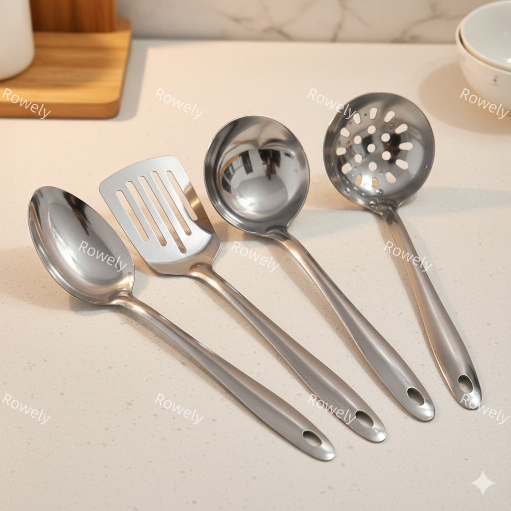 Kit Utensílios de Cozinha Inox 4 Peças: Concha, Concha de Sopa,Espátula, Escumadeira