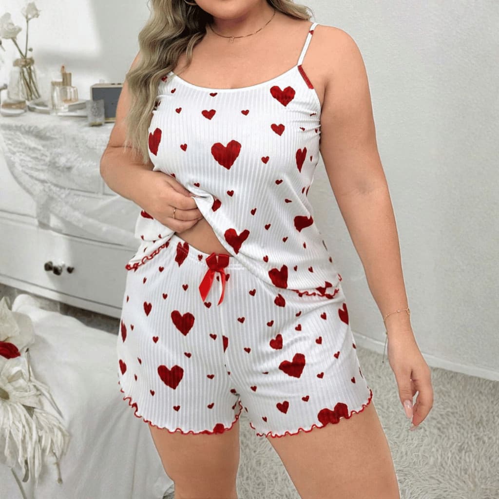 Pijama Babydoll Feminino Plus Size Verão – Estampa de Corações Vermelhos do G1 ao G3