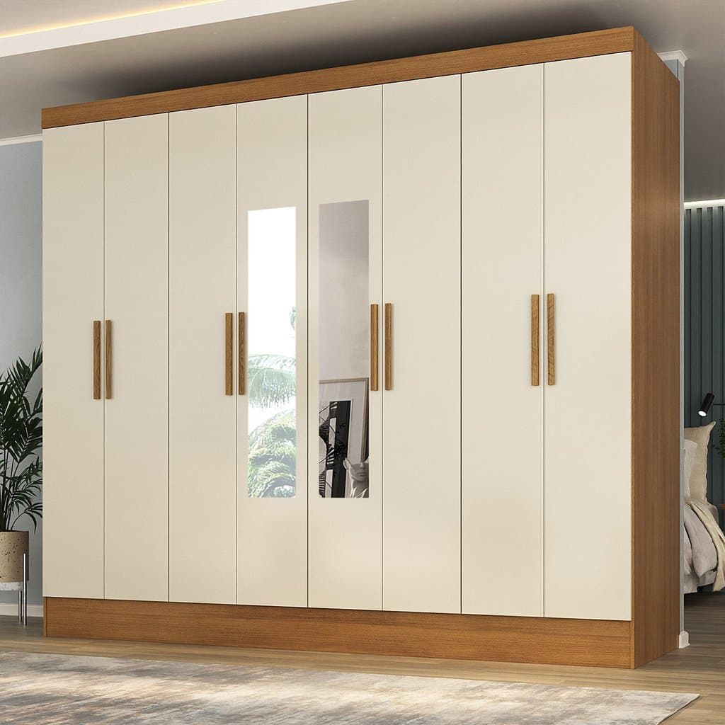 Guarda-roupa Casal 100% MDF com Espelho 8 Portas 4 Gavetas Jatobá Yescasa  Cinamomo/Off White