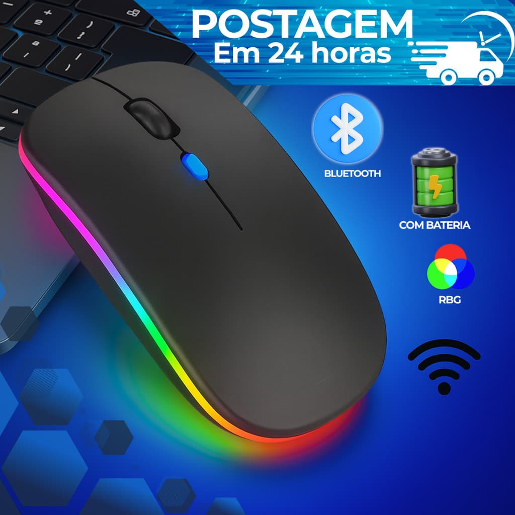 Mouse Sem Fio RGB Ergonomico Dupla Conexao Bluetooth 2,4G e USB para Notebook e PC