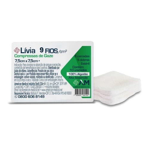 Compressa de Gaze 9 Fios 7,5 x 7,5 - Livia - Pacote 10 Unidades - Amed S/A