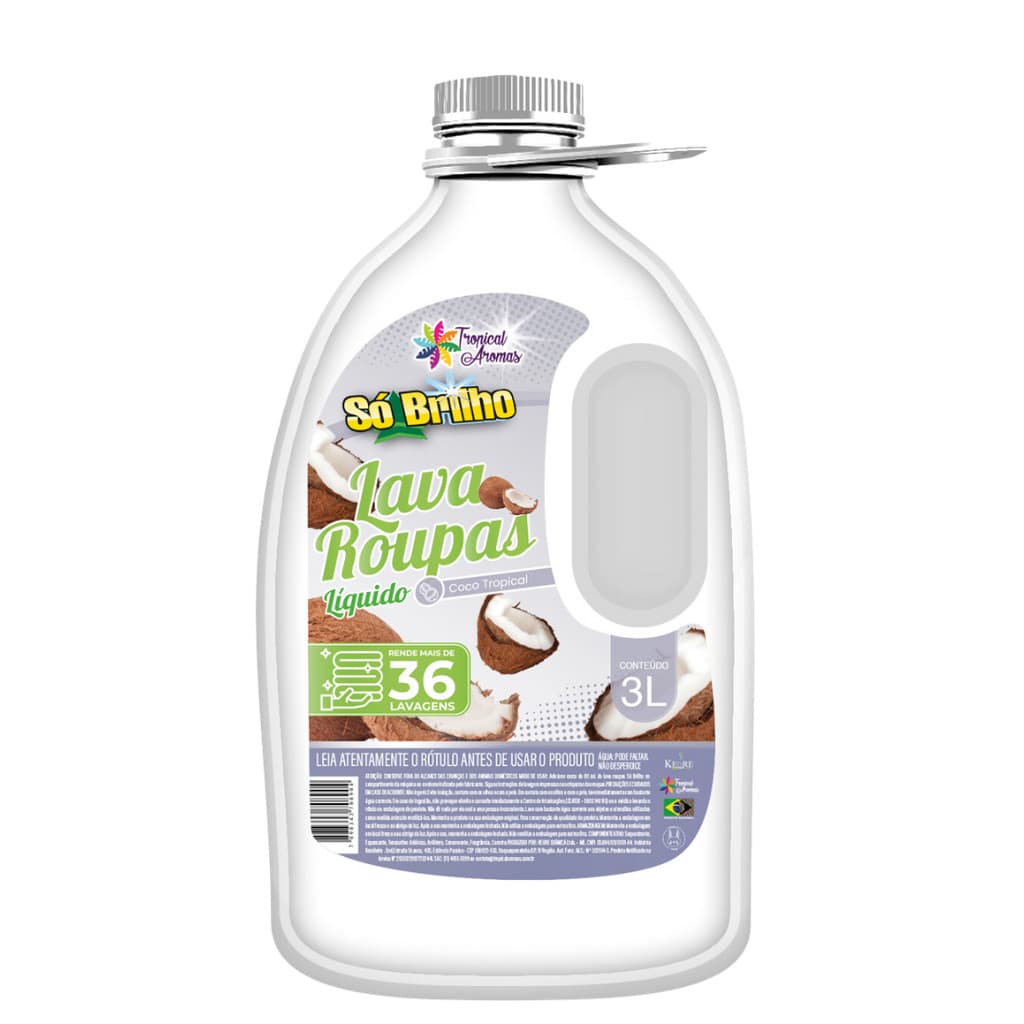Sabão Lava Roupas Líquido Só Brilho Coco 3L Rende + 36 Lavagens Tropical Aromas