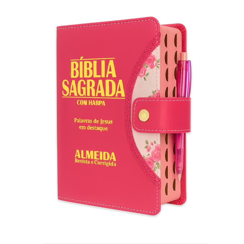 Bíblia Sagrada Letra Grande Feminina Com Harpa - Pink para Mulher- Botão e Caneta - PROMOÇÃO