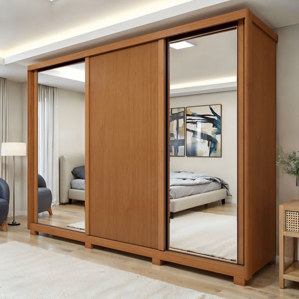 Guarda Roupa  Ollie 3 Portas 6 Prateleira 6 Gavetas 100% MDF com Pés  Amêndoa Clean/Off White/Amêndoa Clean