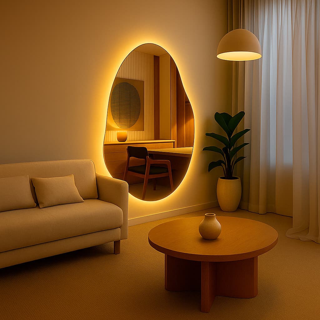 Espelho Orgânico 90x70cm C/LED QUENTE FONTE Sem Moldura Nao Distorce