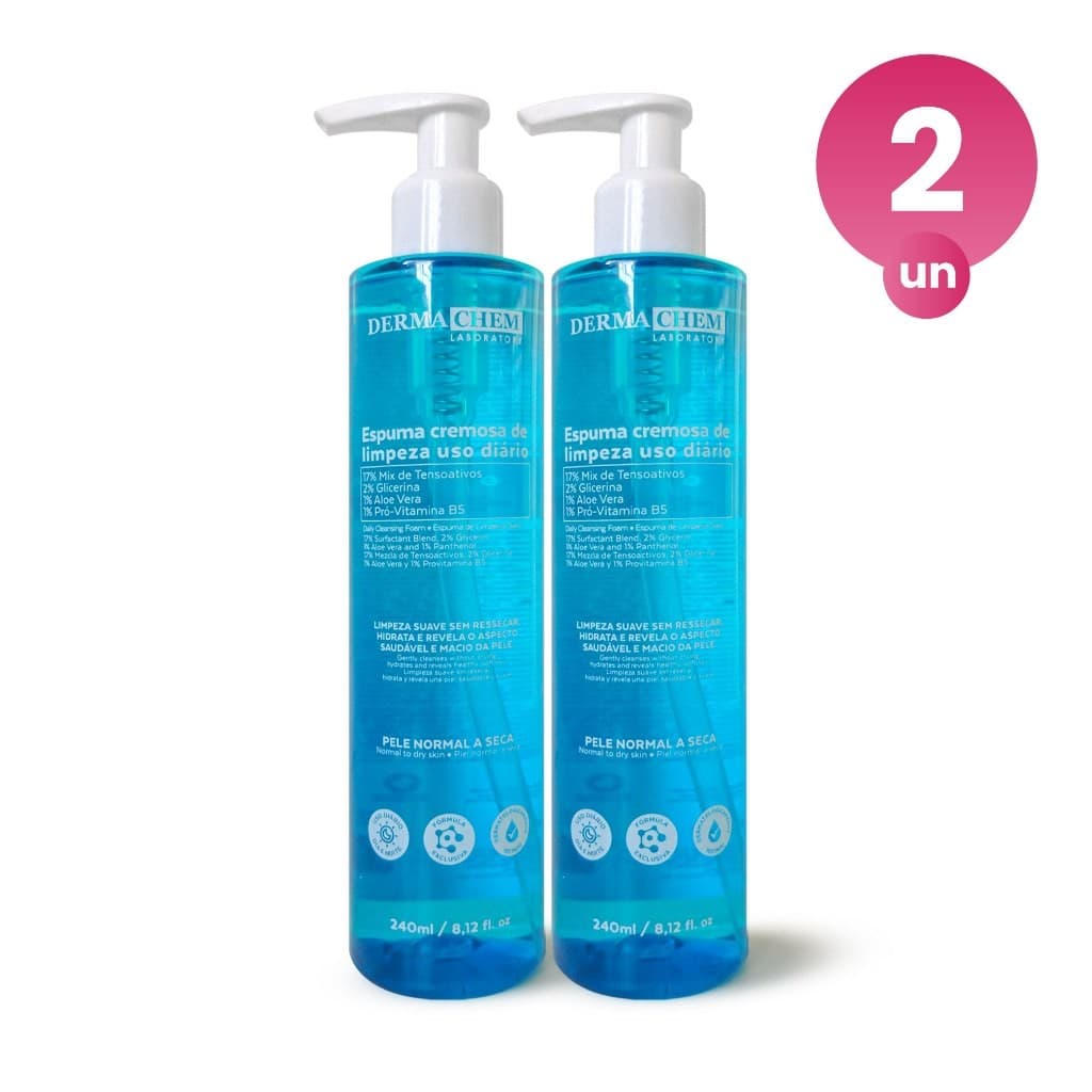 Kit 2 Espuma Cremosa de Limpeza Facial 240ml Hidratação e Maciez da Pele Com Aloe Vera Dermachem