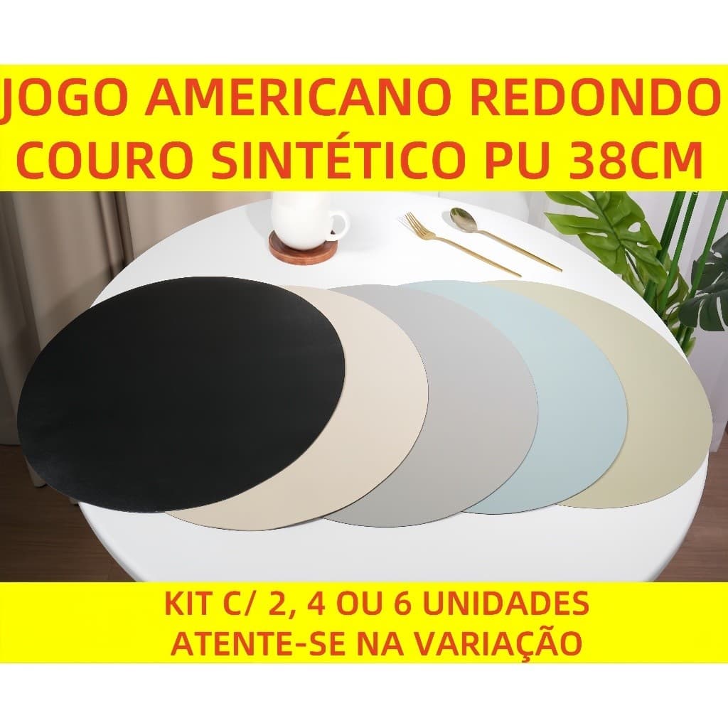Jogo Americano Redondo Couro Sintético PU 38cm Antiderrapante Mesa Jantar Descanso Kit 2, 4 ou 6 Unidades Elegante Cook
