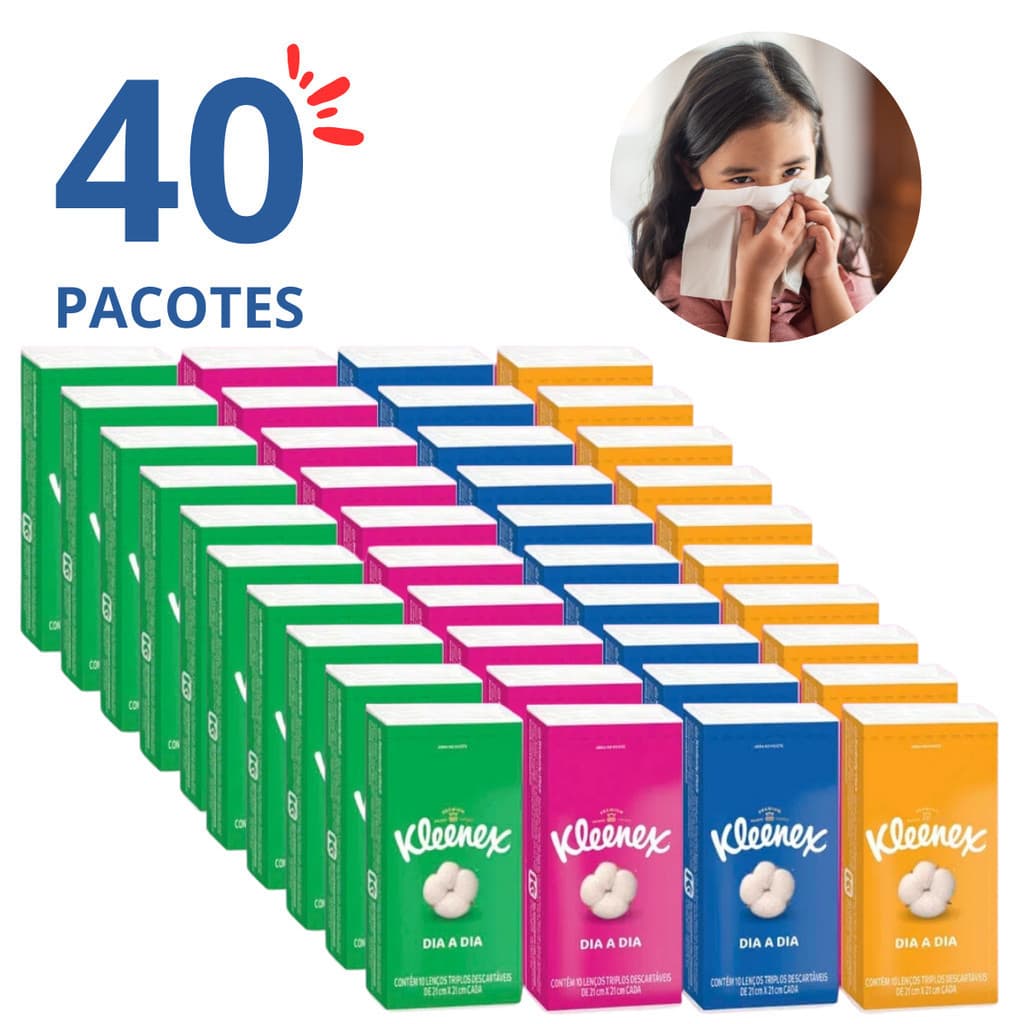 Lenço de Papel Triplo Kleenex Kit 40 Pacotes com 10 Unidades cada