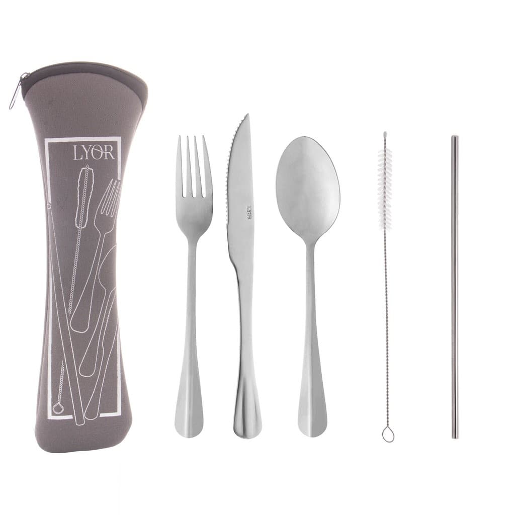 Estojo de Neoprene com 3 Talheres Positano e Canudinho com Escovinha de Aço Inox - Lyor