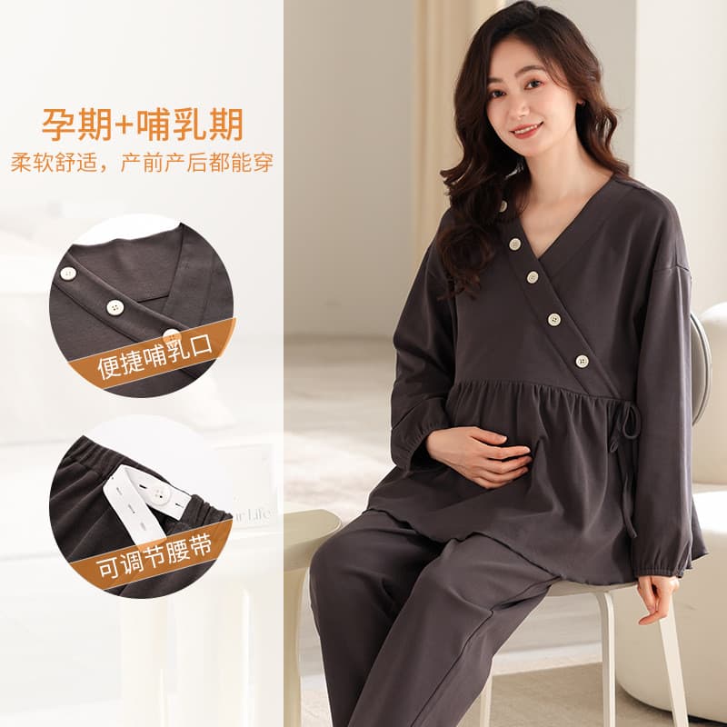 Xiyue atacado roupas de confinamento de cor sólida primavera outono maternidade quimono algodão conjunto de duas peças v