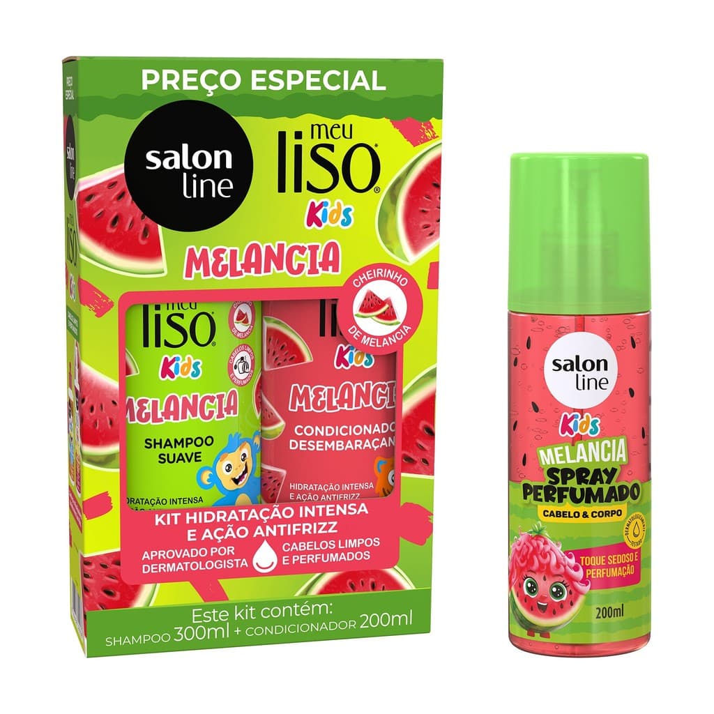 Kit Meu Liso Kids Melancia com Shampoo + Condicionador e Spray Perfumado