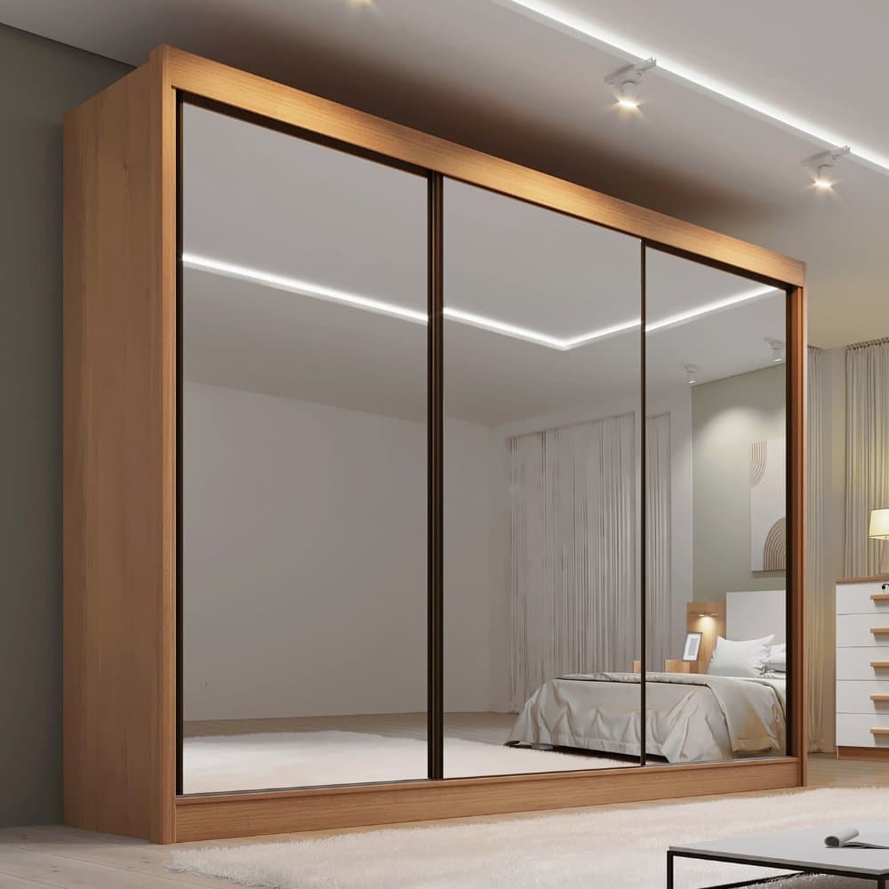 Guarda Roupa Casal MDF Espelhado 3 Portas 6 Gavetas Qatar Cinamomo