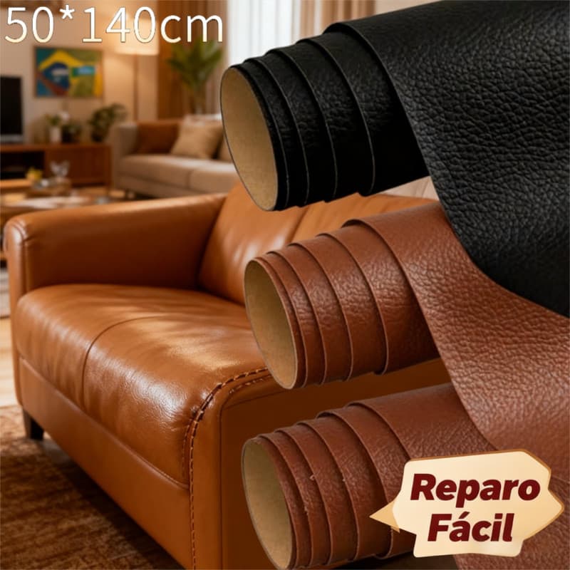 Couro Auto Adesivo 1,40m x 50cm com Adesivo Forte, Fácil Aplicação para Reparar Sofá, Poltrona, Banco de Carro e Móveis​