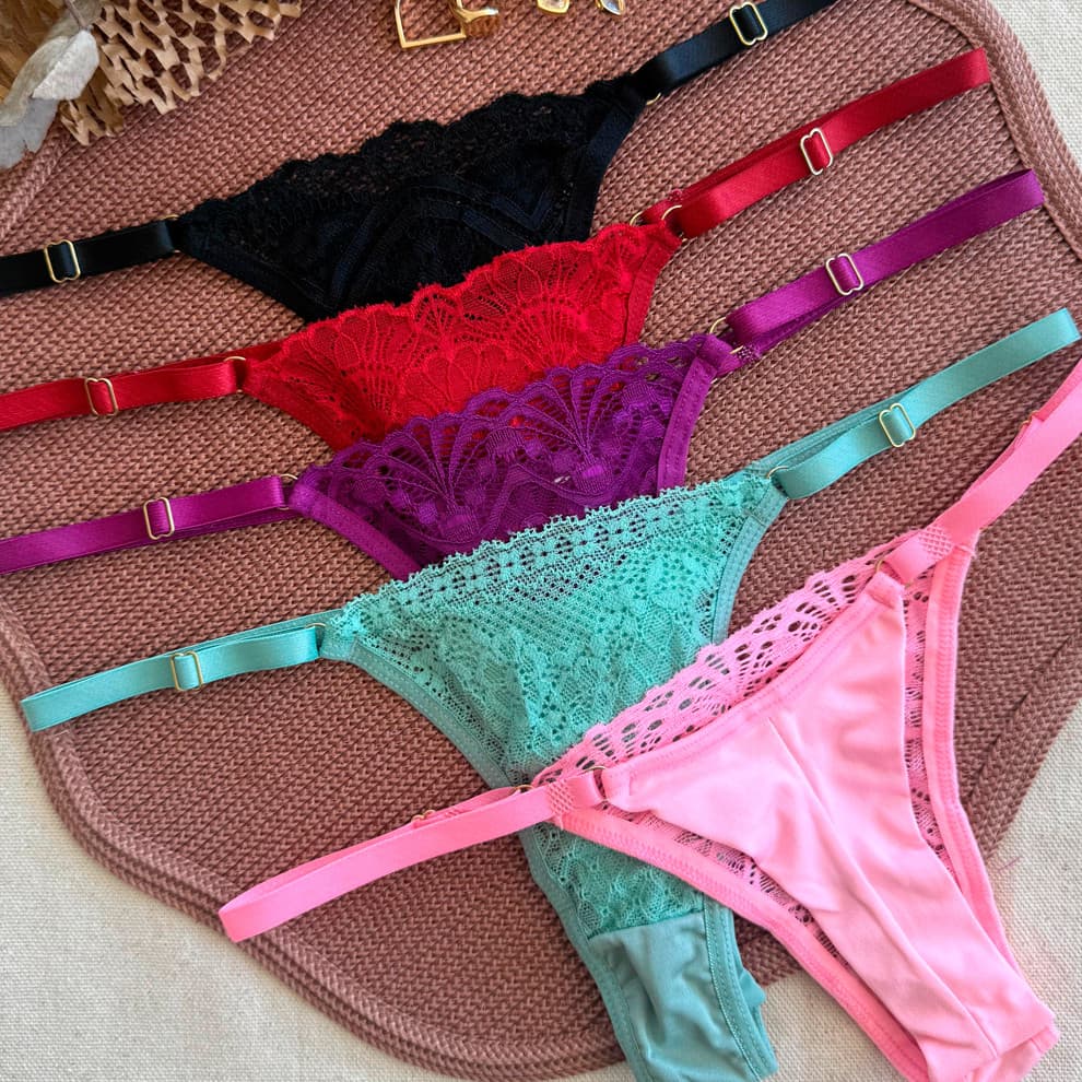 Kit 5 Calcinha Fio Duplo Empina Bumbum em Microfibra e Renda com Alças Regulaveis