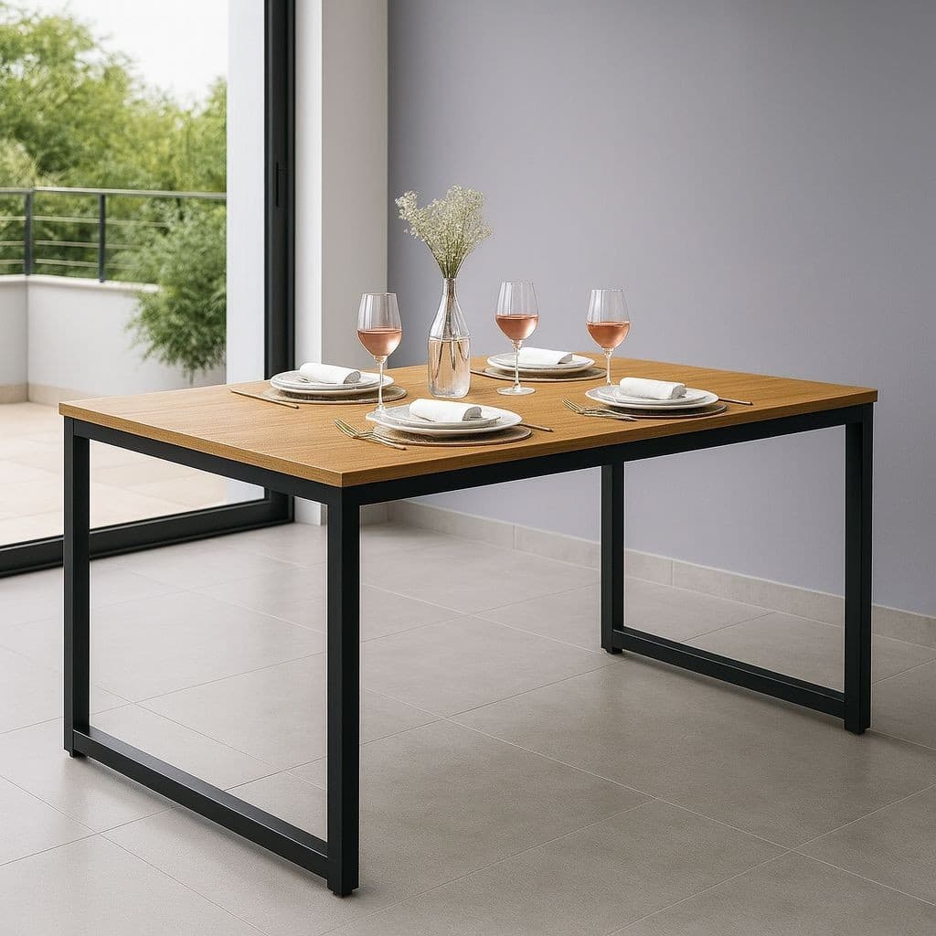 Mesa de Jantar Industrial com Base de Metal e Formato Retangular 120x80 cm