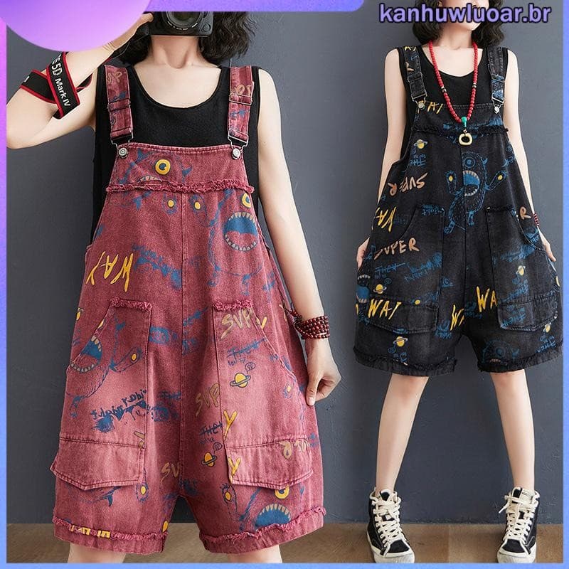 Macacão Jeans Folgado Feminino Plus Size/Calça Casual De Cinco Pontas