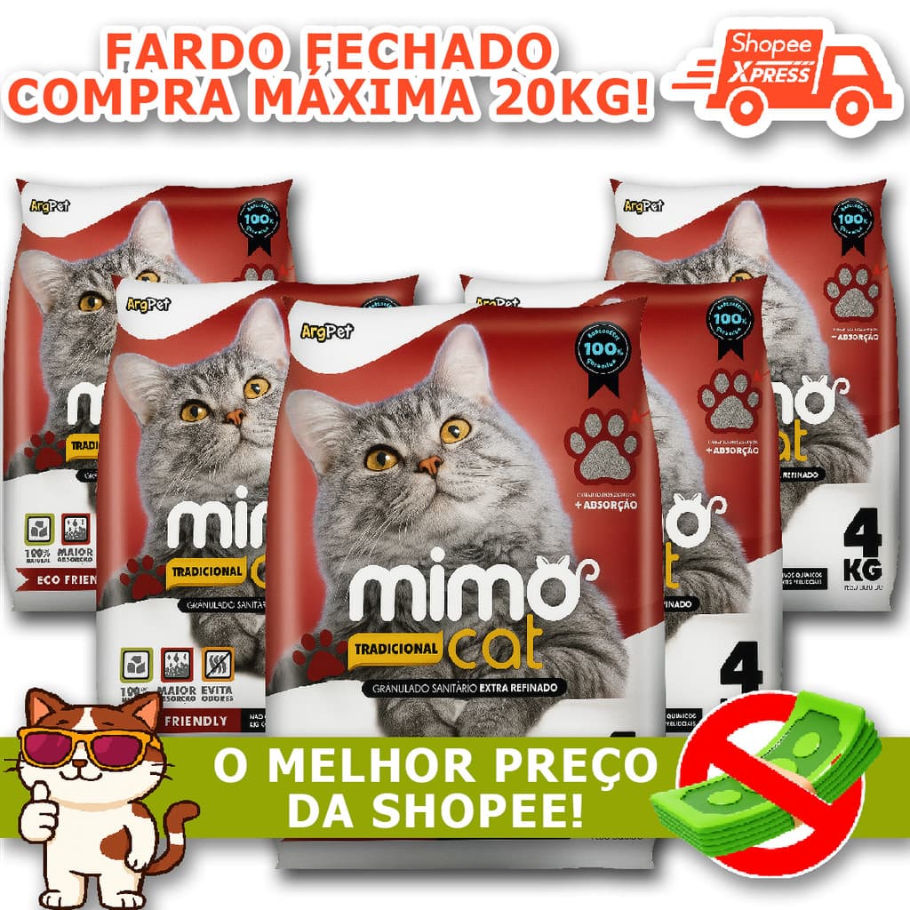 Kit 20 kg areia sanitaria higienica mimocat super premium argila ecologica absorvente para gatos