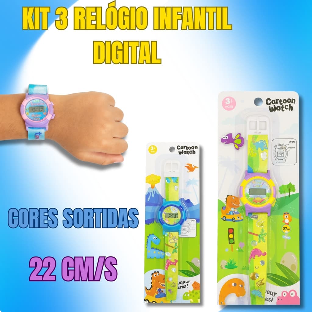 Relógio Infantil Digital Kit com 3 Unidades | Personagens e Cores Variadas