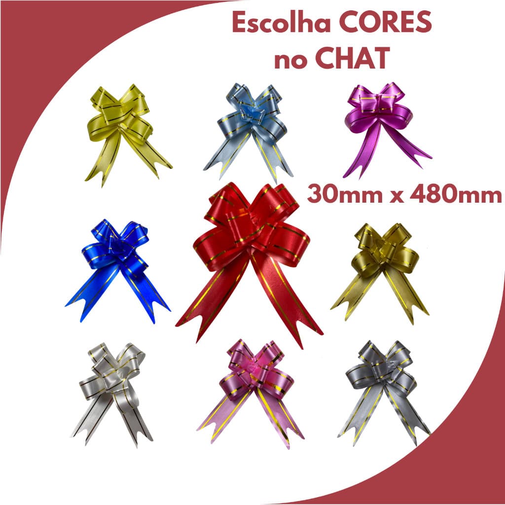100 Laço Fácil Mágico Para Presente 3cm x 48cm - C/ Filete Dourado - Pronto para Montar