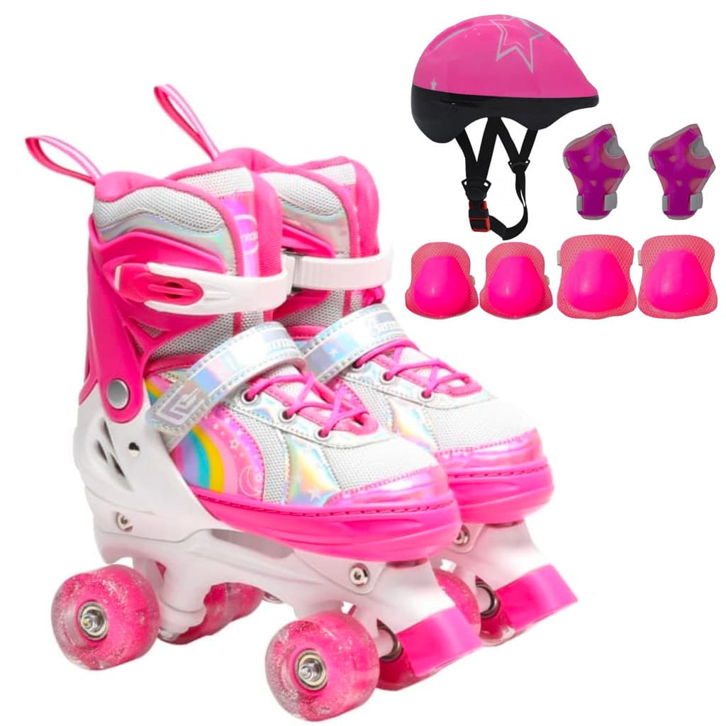 Patins Infantil 4 Rosa arco-íris Rodas Led + Proteção Ajustável Menina Patins Quad Promoção