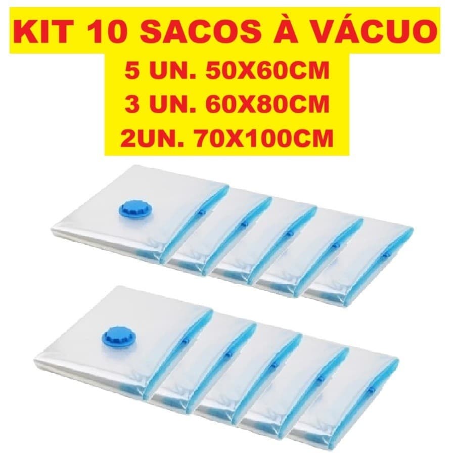 Kit 10 Sacos Á Vácuo 5un. 50X60CM 3 un. 60X70CM E 2 un.70X100CM Reutilizável Com Válvula E Bomba USB Recarregável Bivolt