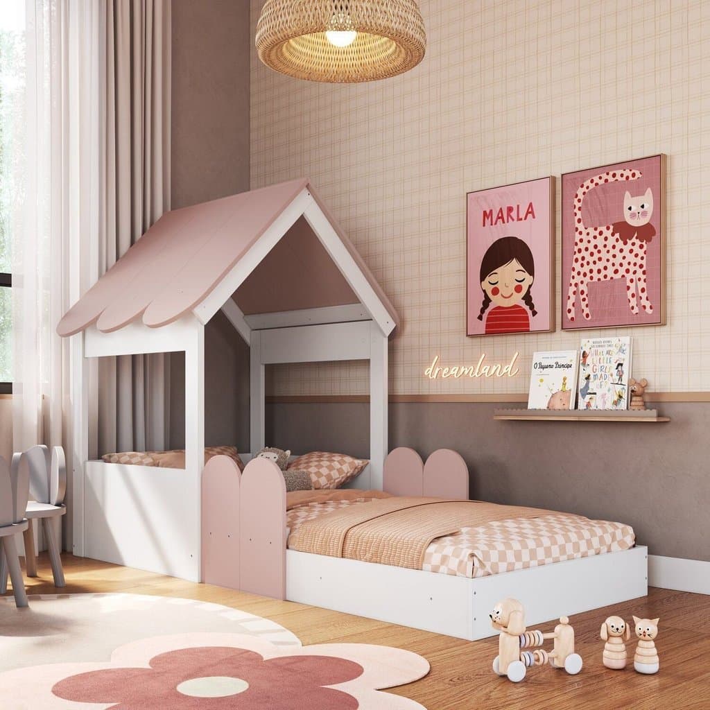 Cama Infantil Montessoriana com Casinha Infanto Branco/Rosa