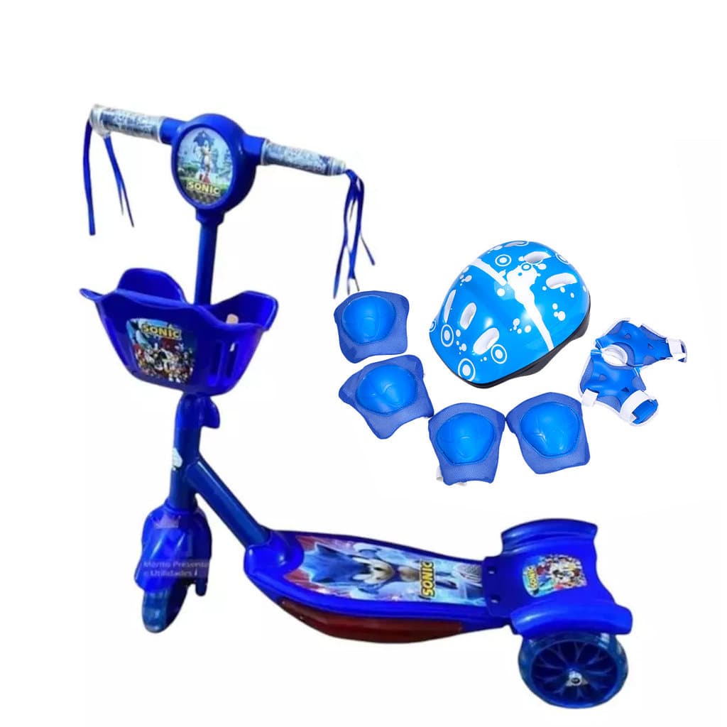 Patinete Meninos azul 3 Rodas com Conjunto de proteção Musica Luz+ Envio para Todo Brasil sem Taxação
