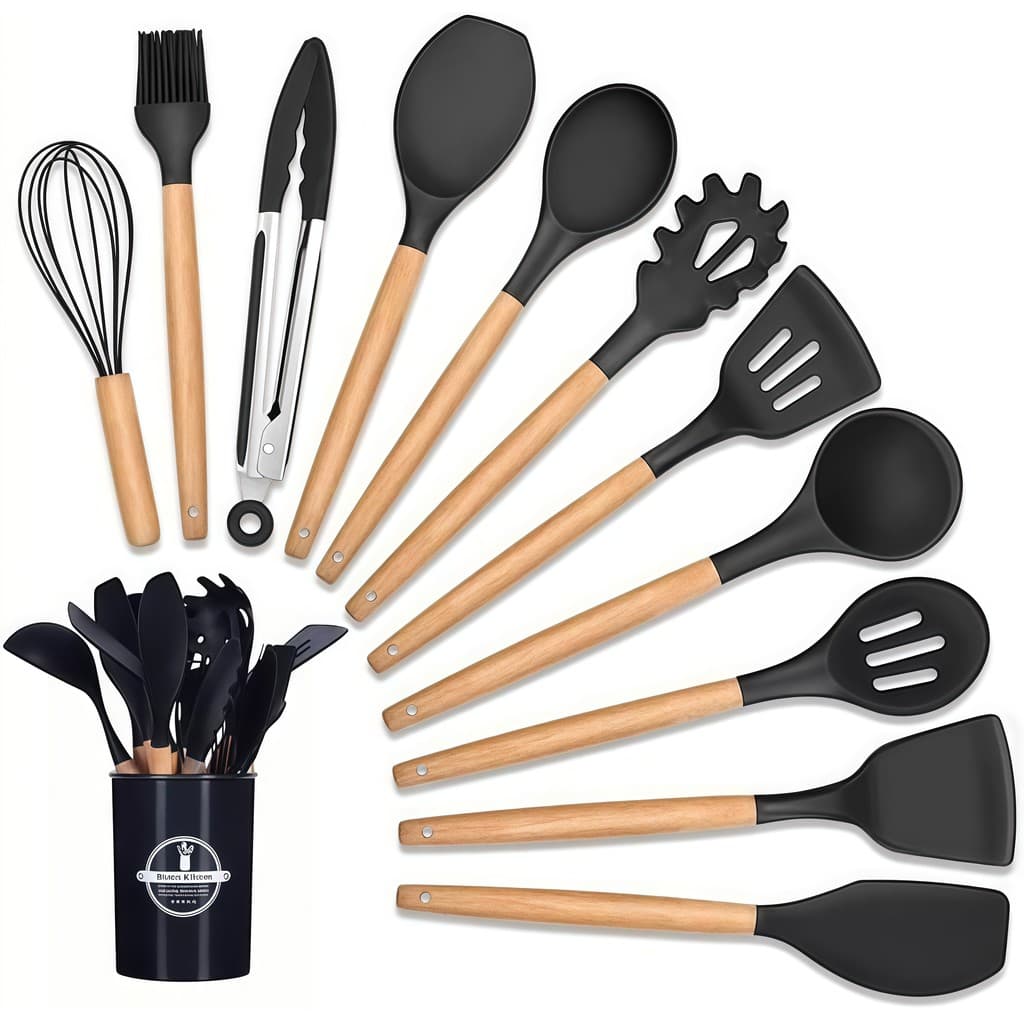Kit 12 Peças Utensílios de Cozinha em Silicone c/ Copo Suporte Resistente suporta altas temperaturas