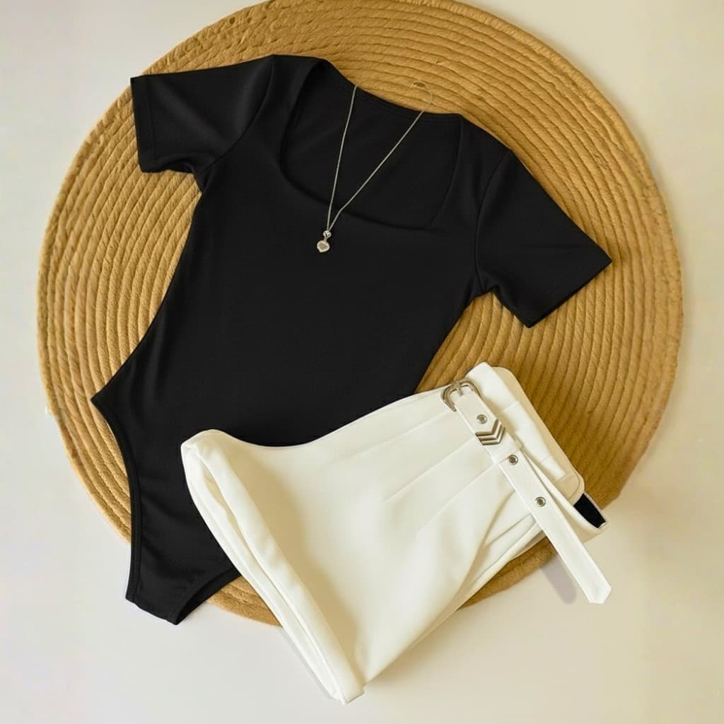Kit Conjunto 1 Body Gola QUADRADA Colors + Short BRANCO em Alfaiataria com cinto Moda Blogueira Tendencia 2026