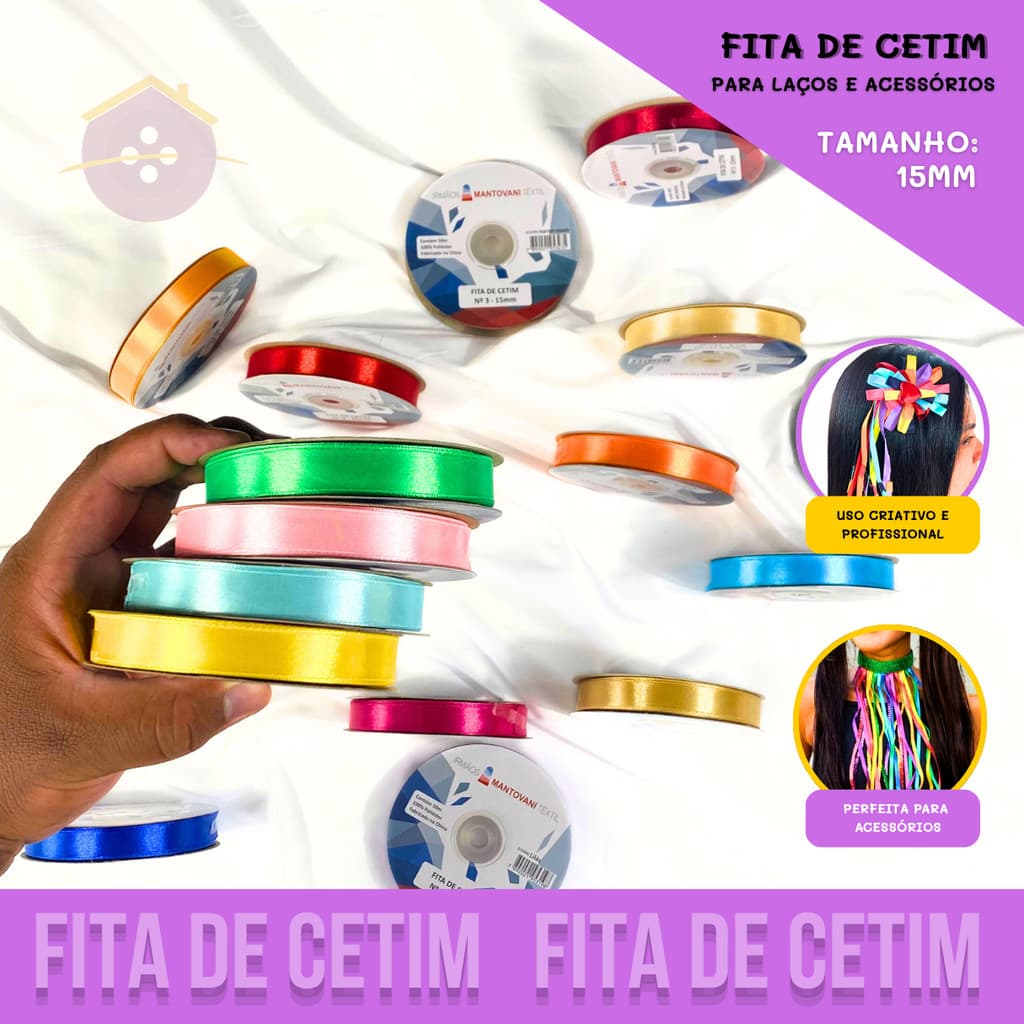 Fita de Cetim Lisa - 15mm - Rolo C/50 Metros - Grade de Cores