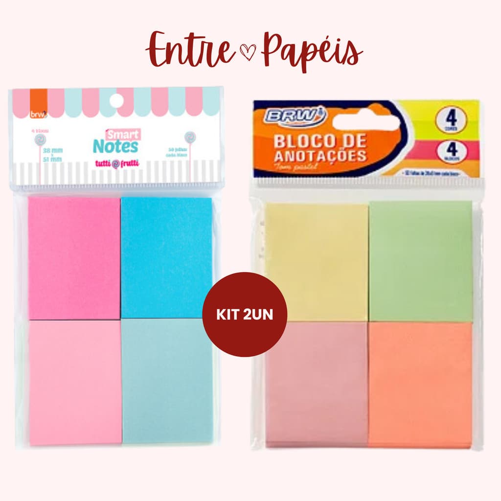 Bloco de Notas Adesivas Pastel e Tutti-Frutti 4 Blocos 50 fls cada - Smart Notes BRW Pos It