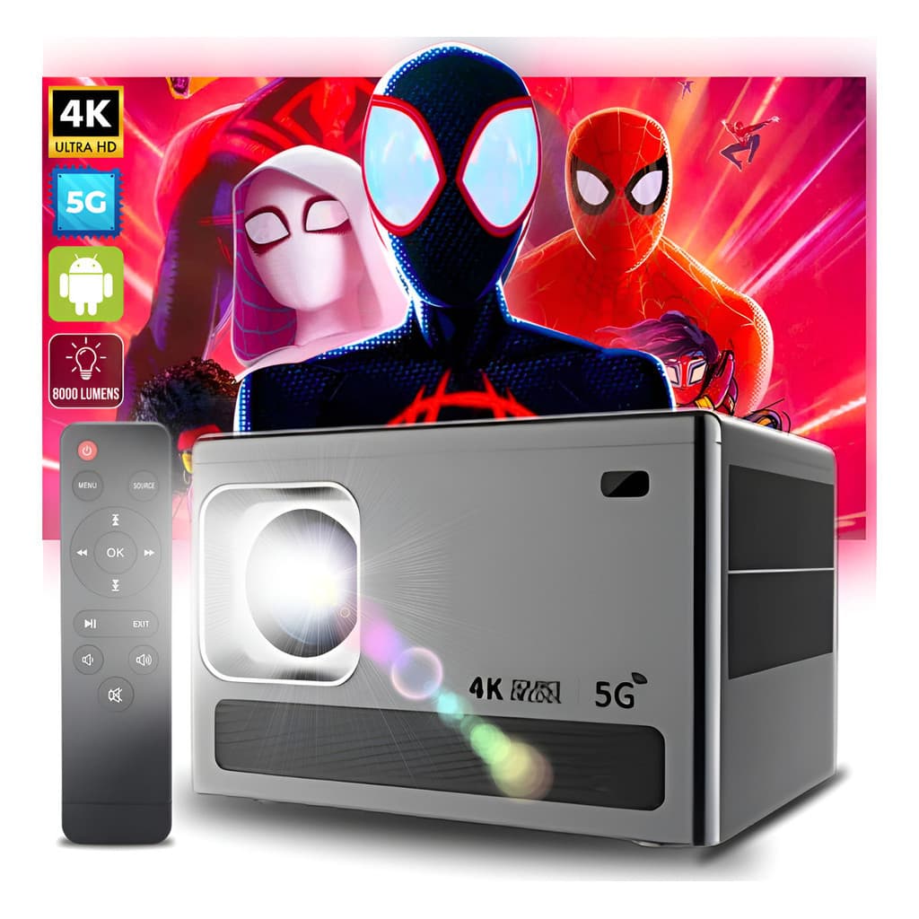 Projetor Portátil 4K Full HD 8000 Lumens Android 10 Wi-Fi 5G HDMI Cinema em Casa Telão até 200 Polegadas