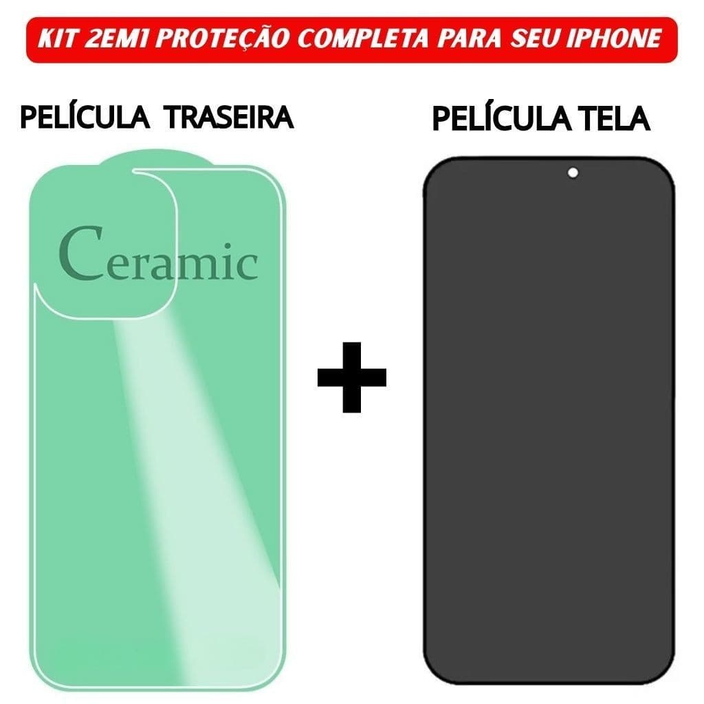 Kit 2 em 1 Película Traseira + Película Tela Vidro 3D Privacidade iPhone 11 12 13 14 15 16 Pro Max