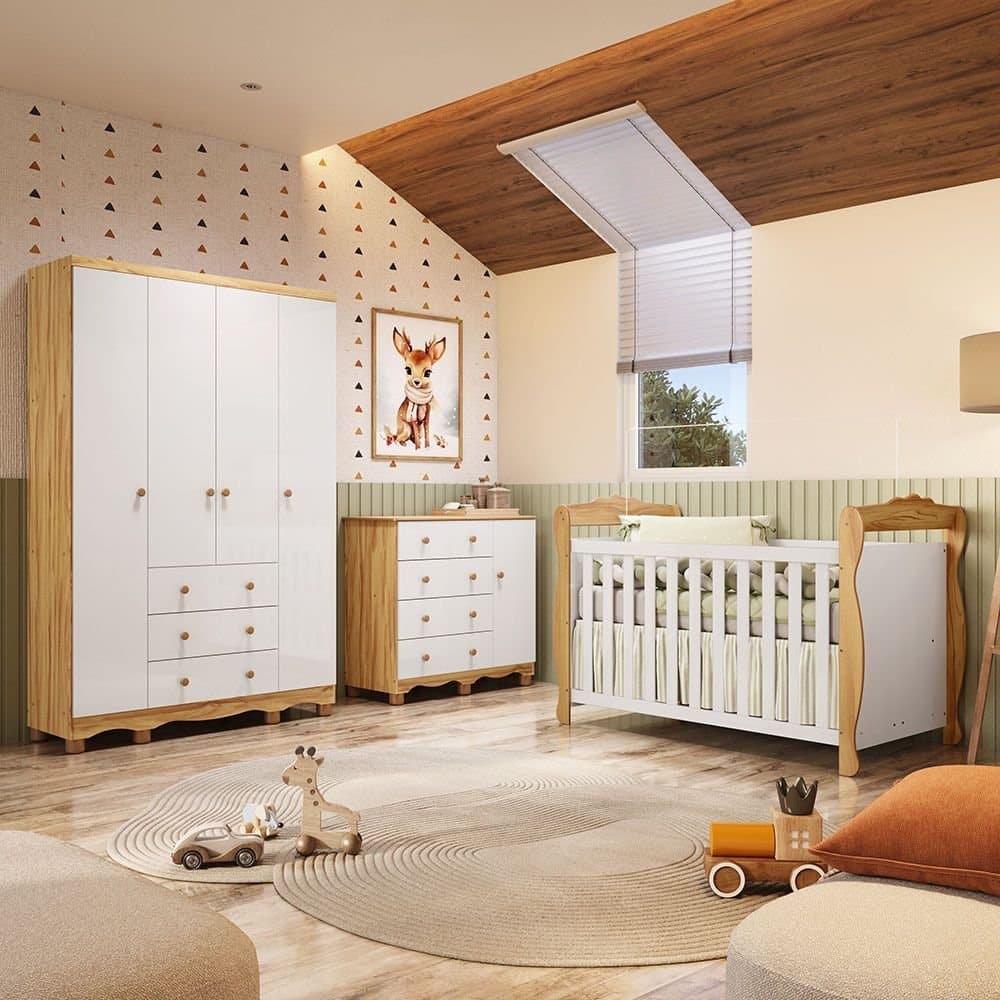 Quarto de Bebê Completo Berço 3 em 1, Guarda-roupa 4 Portas e Cômoda 100% MDF Nina Espresso Móveis Branco