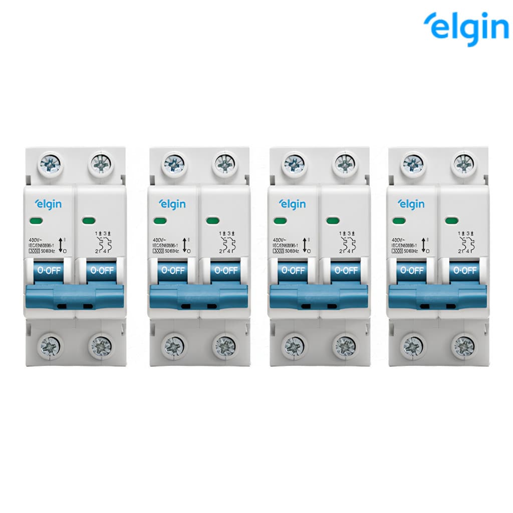 Kit 04 Disjuntores Bipolar Elgin 25 Amperes Curva de Disparo C Termomanético 2 Polos Fácil Substituicao DIN 35 Bifásico