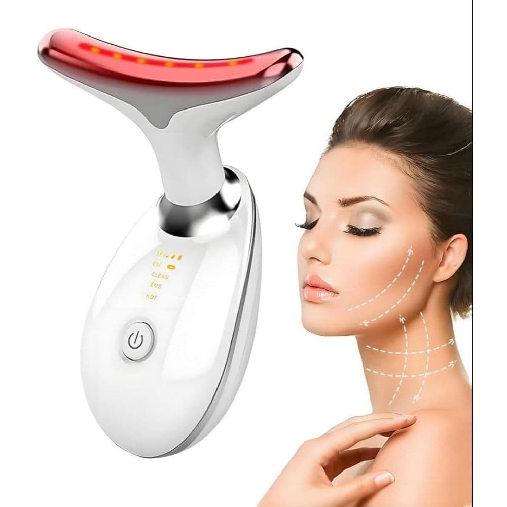 Massageador Facial LED 7 Cores - Modos, Aparelho Anti-Rugas para Rosto e Pescoço, Tratamento Estético Vibratório com Luz