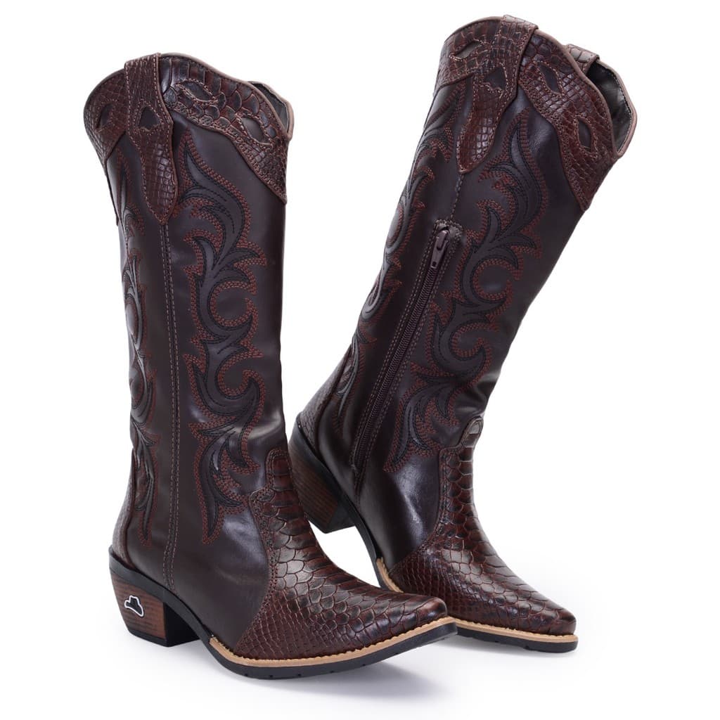 Bota Texana Feminina Jacaré Café Couro Legítimo Bordada Country Montaria Bico Fino Zíper Lateral Confortável