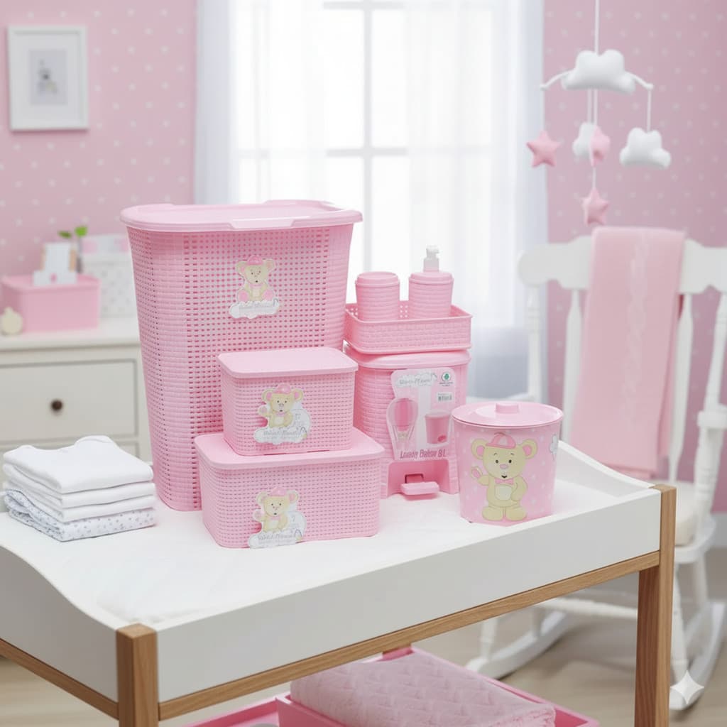 Kit Organizador Quarto Do Bebê Cesto Lixeira Caixa Menina